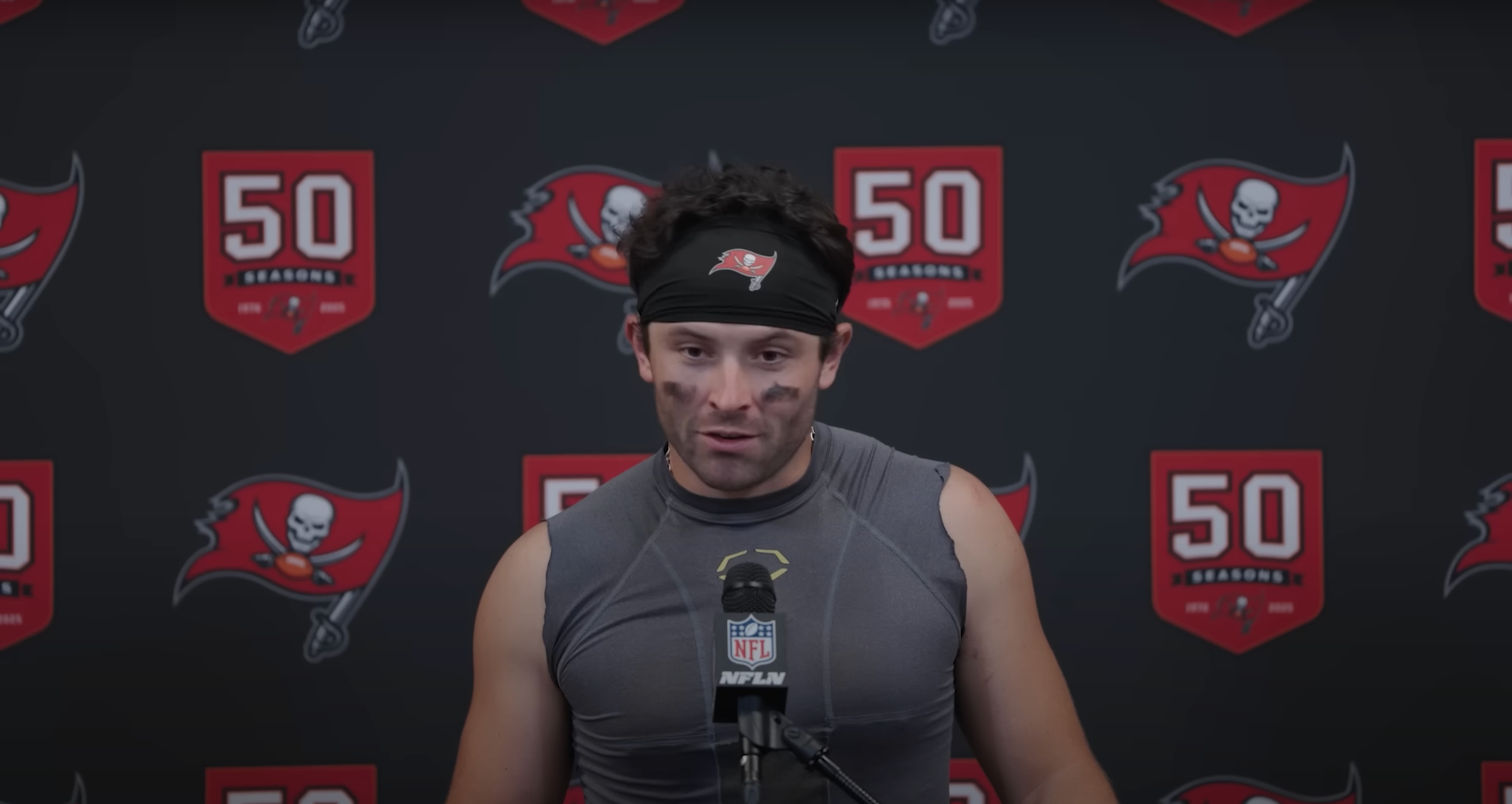 Baker Mayfield speaks with reporters after the Bucs beat the Falcons in Week 1.